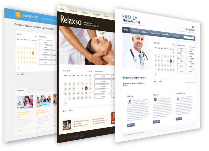 Screenshots of websites with an online appointment scheduler embedded.