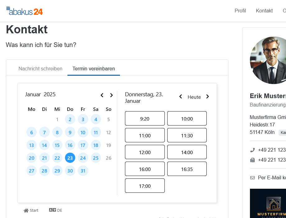 The calendar is now displayed under Contact > Make an appointment