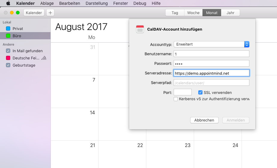 Paste the server address into Apple Calendar