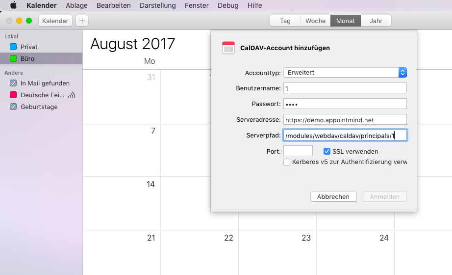 Paste the server path into Apple Calendar