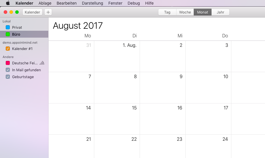 If the connection was successful, the Appointmind calendar appears in the sidebar