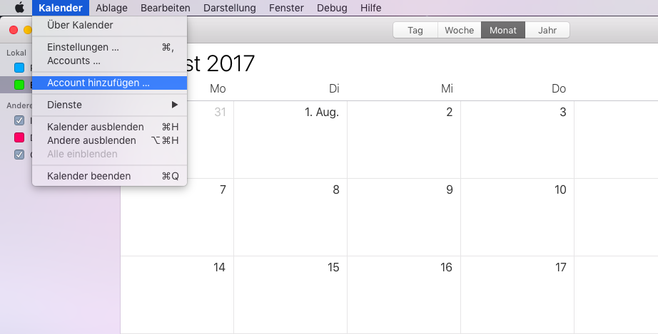 In the Calendar menu, choose Add Account