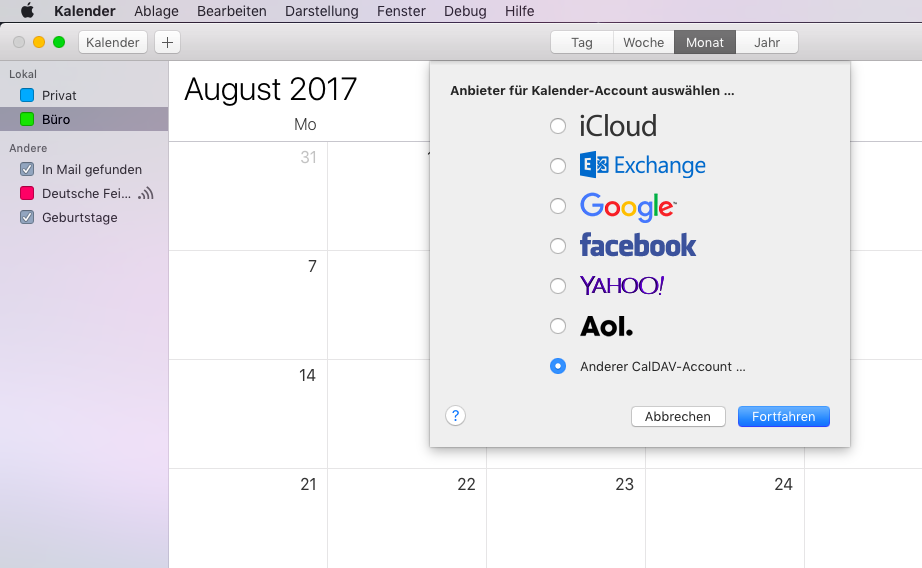 Select Other CalDAV Account and click Continue