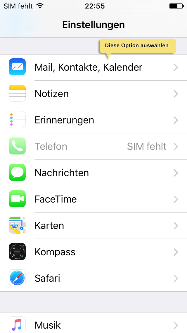 Select Mail, Contacts, Calendars in the settings