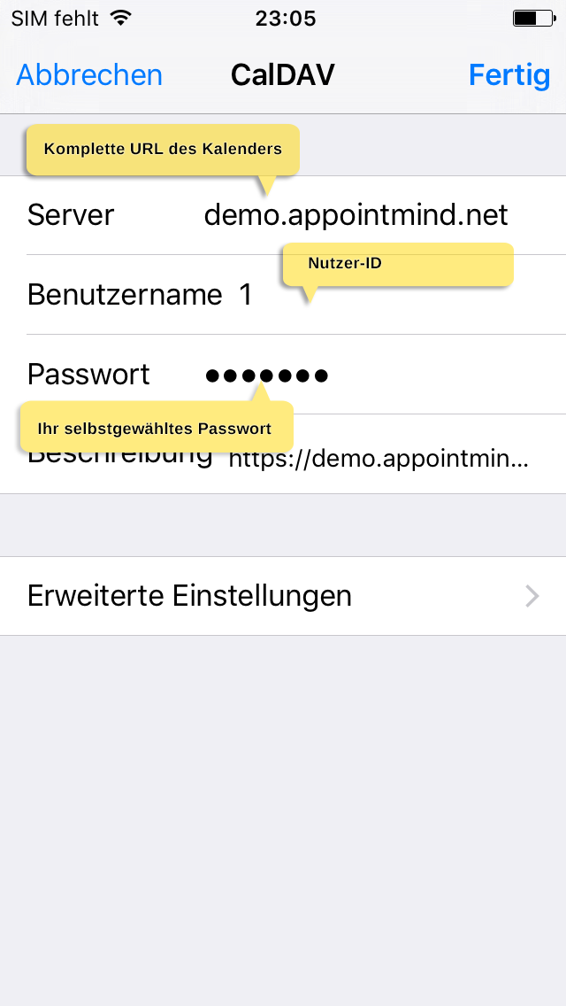 Enter the access data and select Done