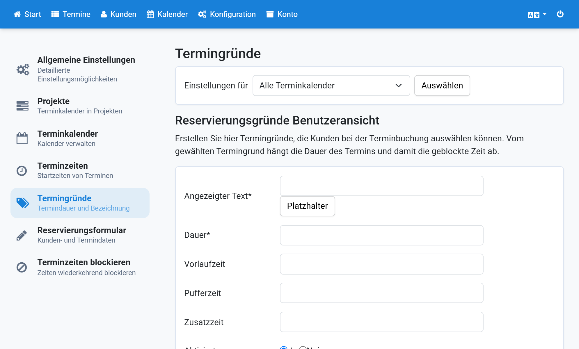 Select the project under Settings for all calendars and create its appointment reasons
