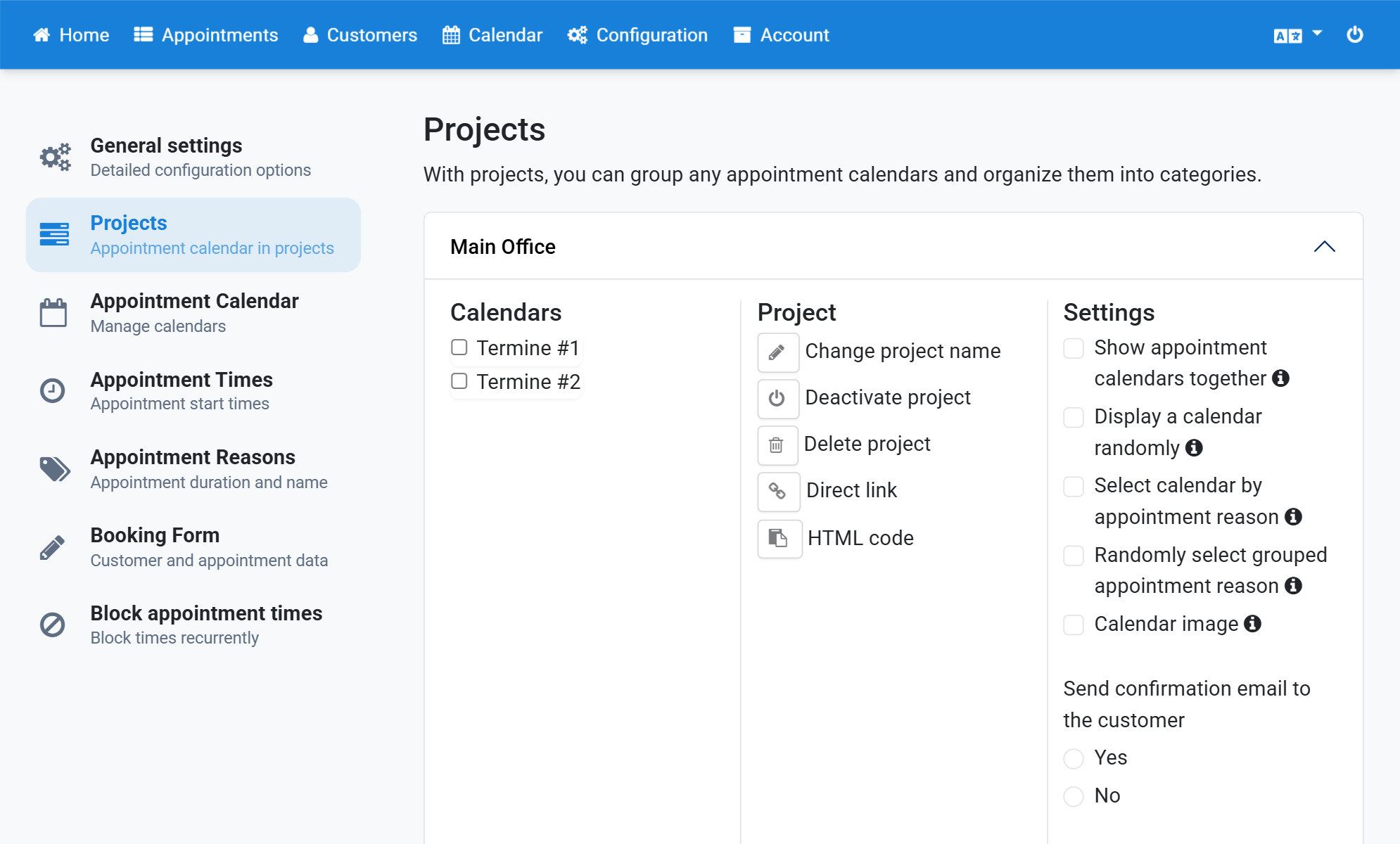 Select every calendar that belongs to the project