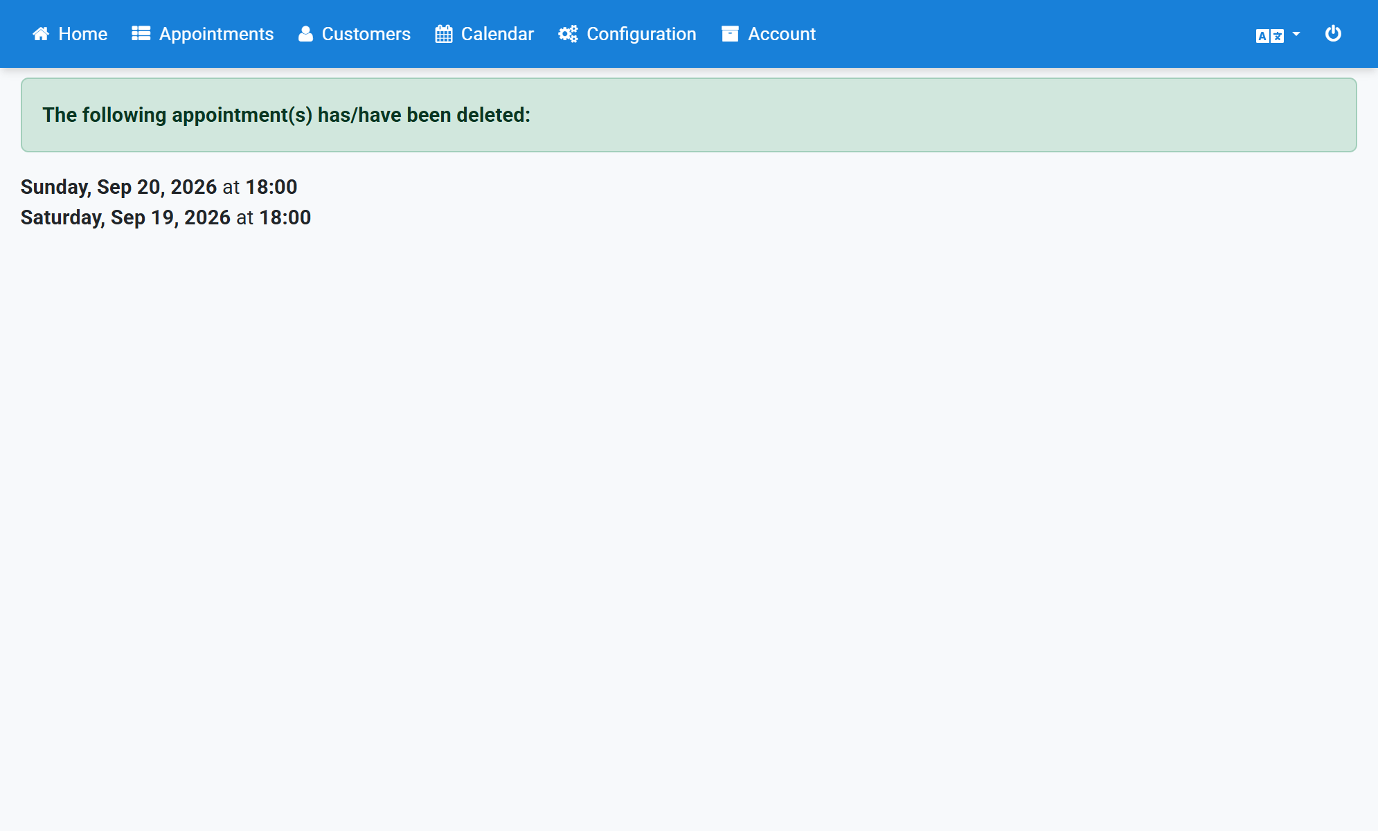 A confirmation shows that the appointments were deleted