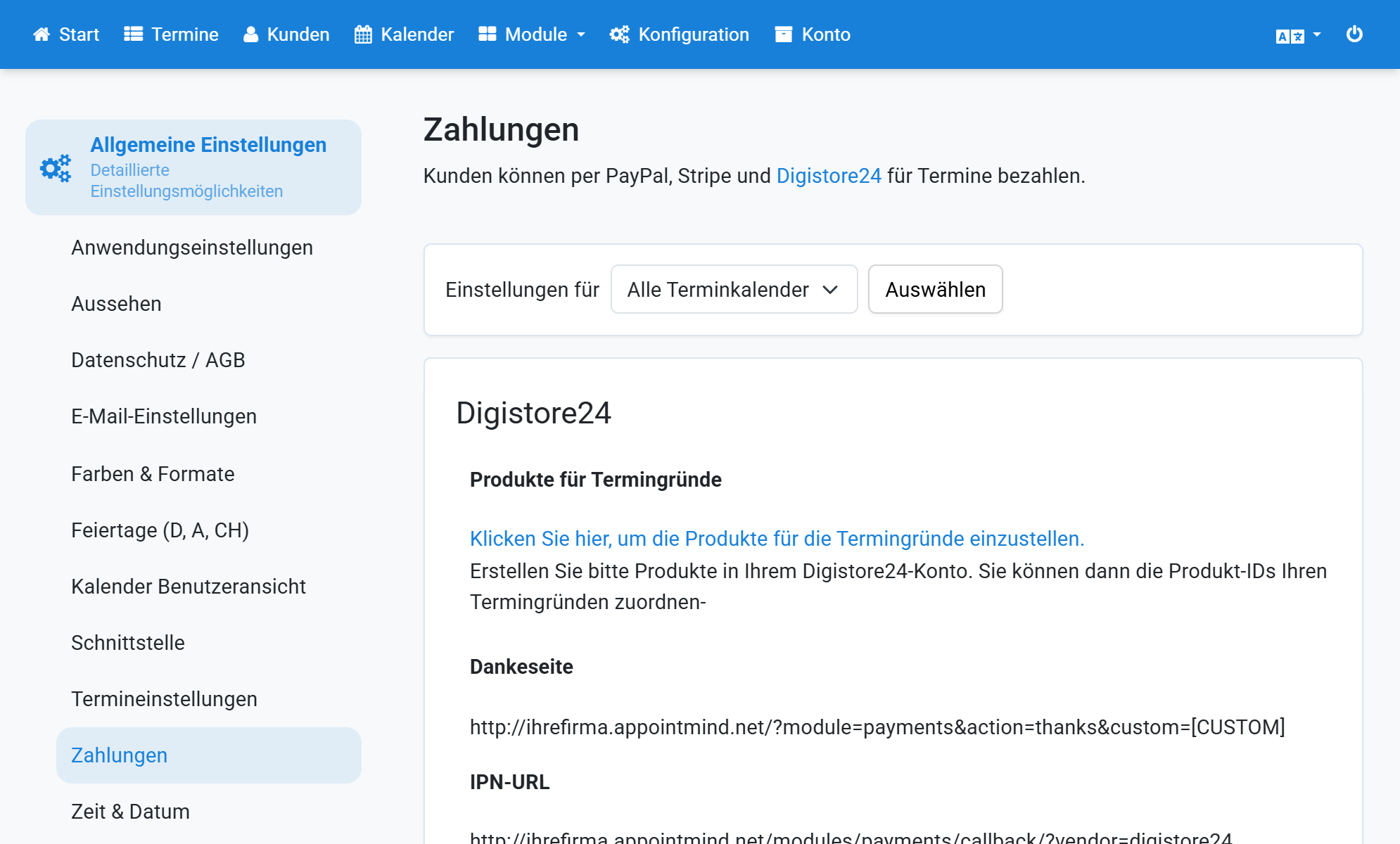 Sign in to Appointmind and open Configuration / General settings / Payments