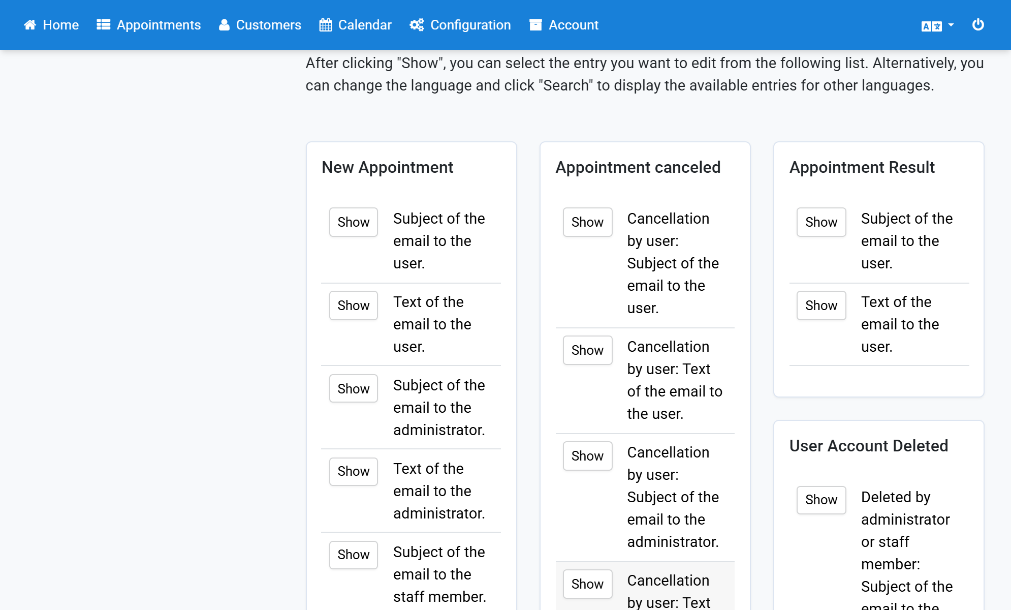 Under New Appointment click Show next to Text of the email to the user