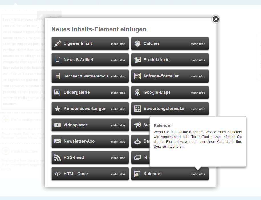 Select Kalender as the content element