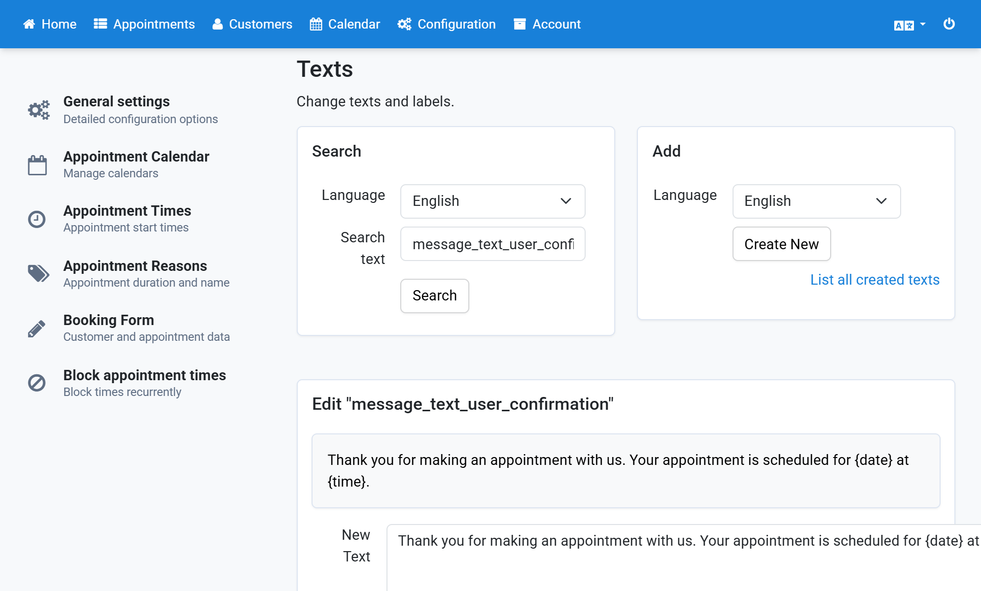 To change the text for another language, select the Language and click Search