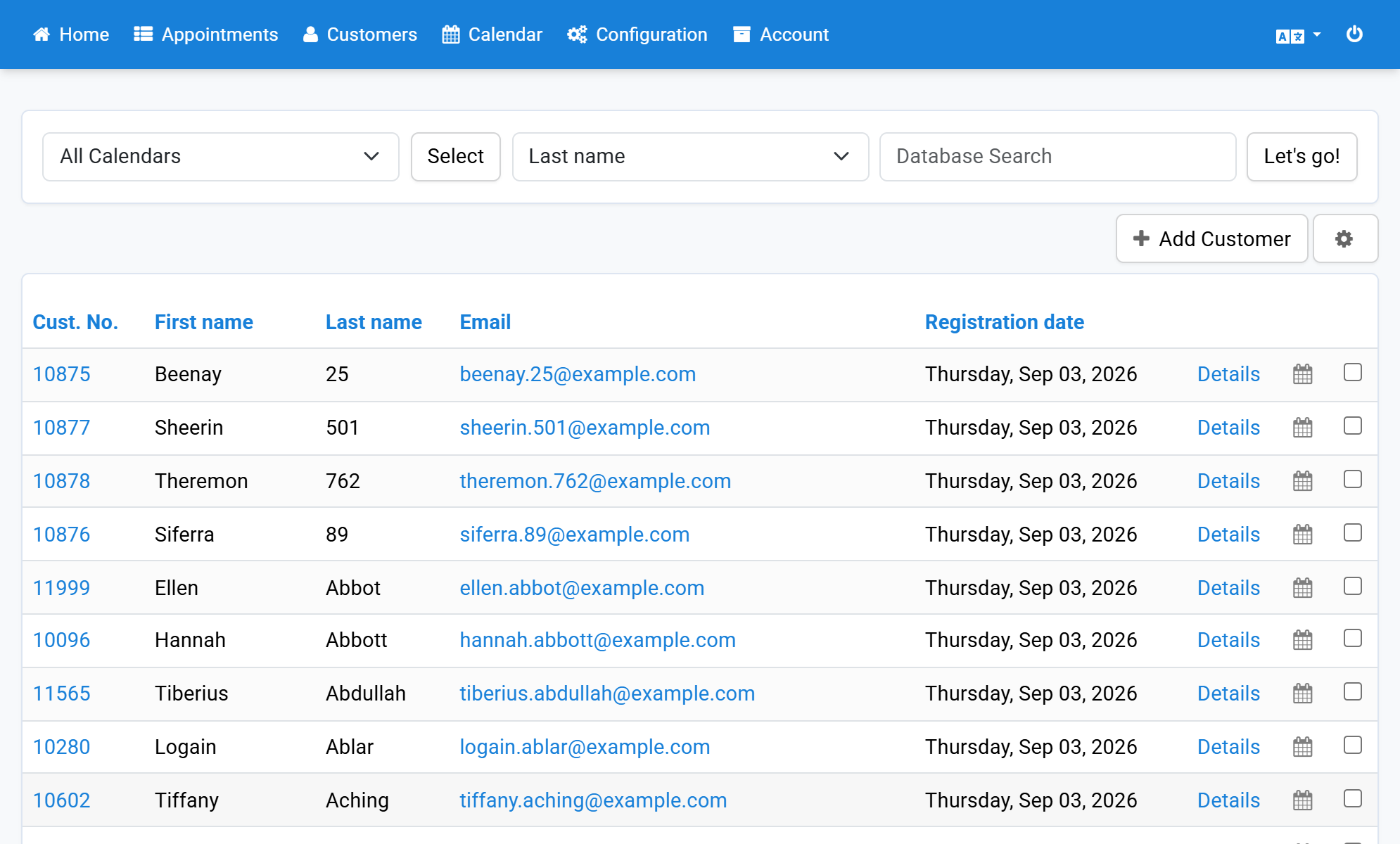 Click the calendar icon  in the customer list