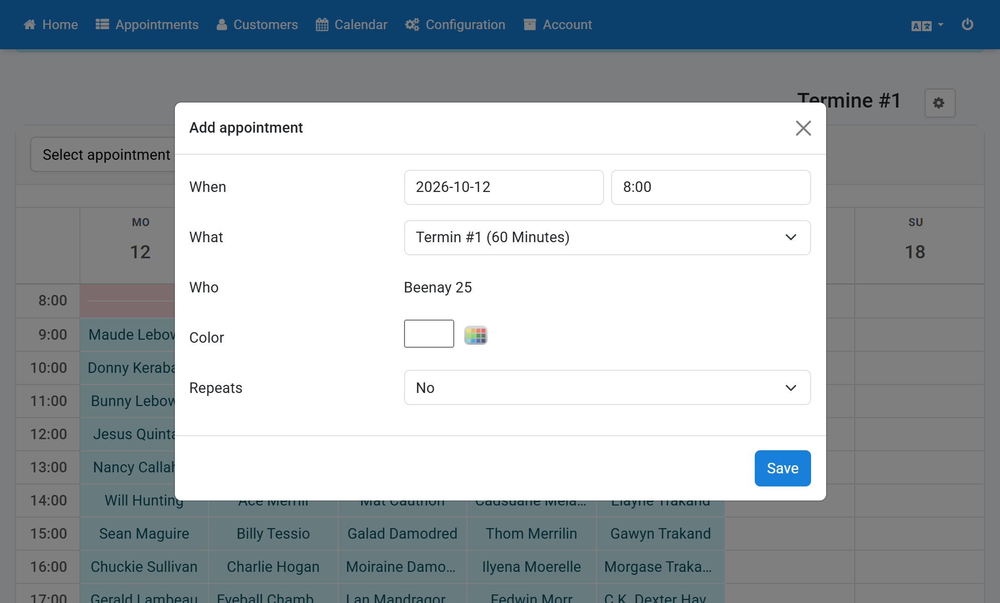 Select a repetition for the recurring appointment