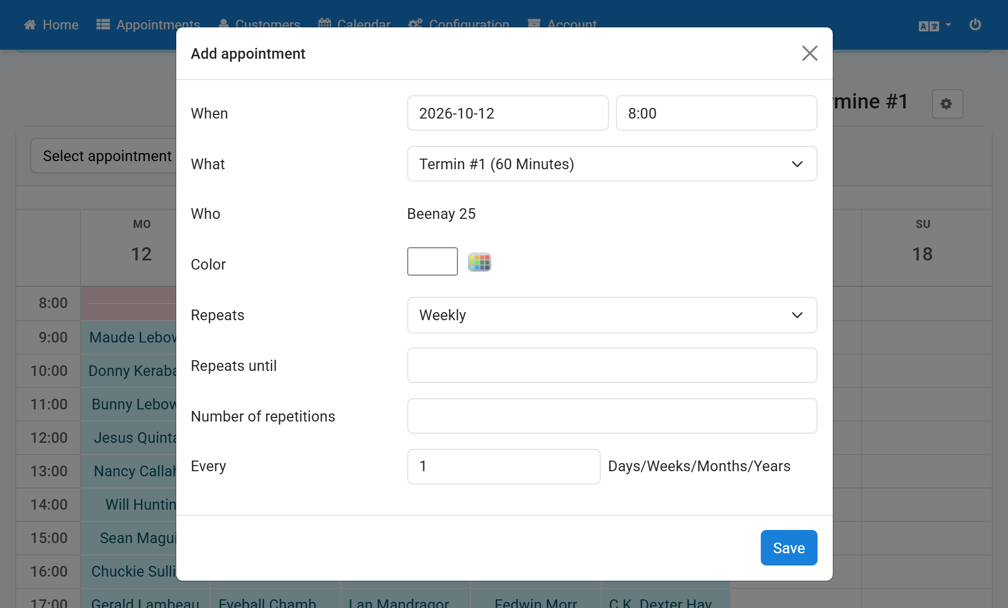 Optionally select a date for the end of the recurring appointment