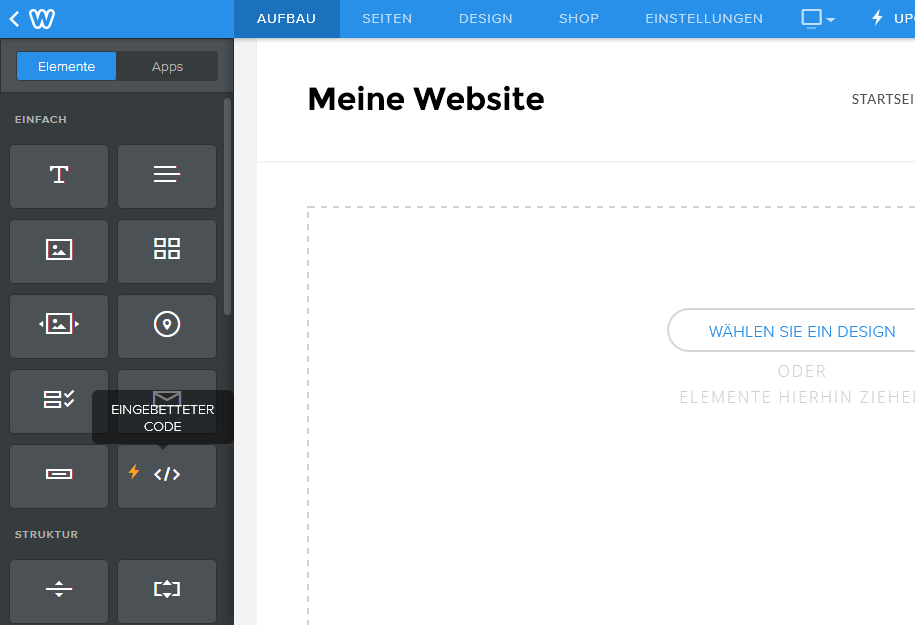 Drag the Eingebetteter Code element onto the page