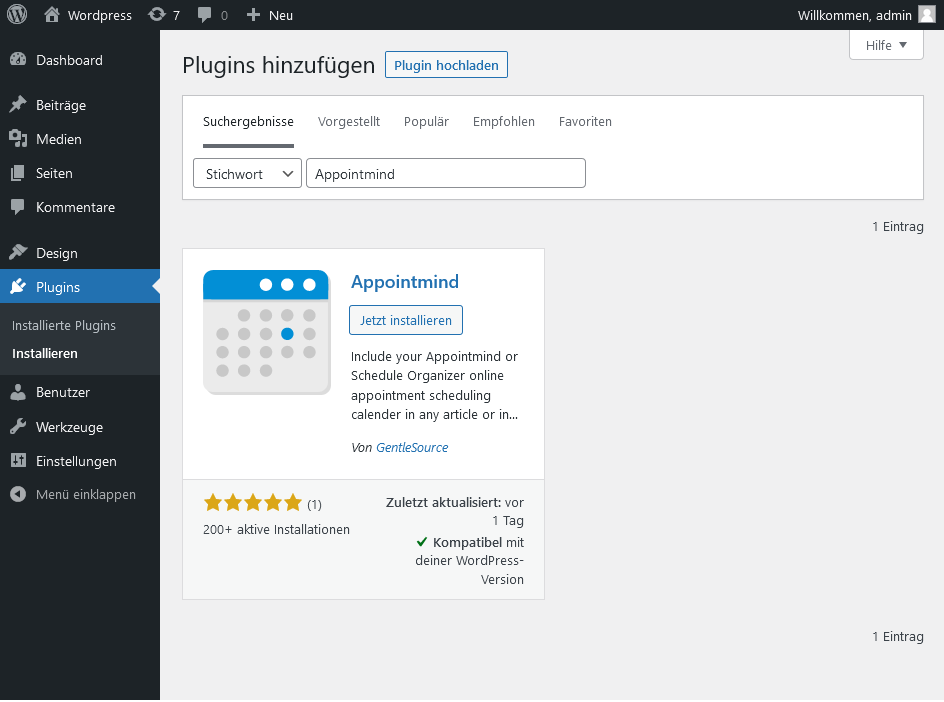 Search for Appointmind under Plugins > Add New in WordPress