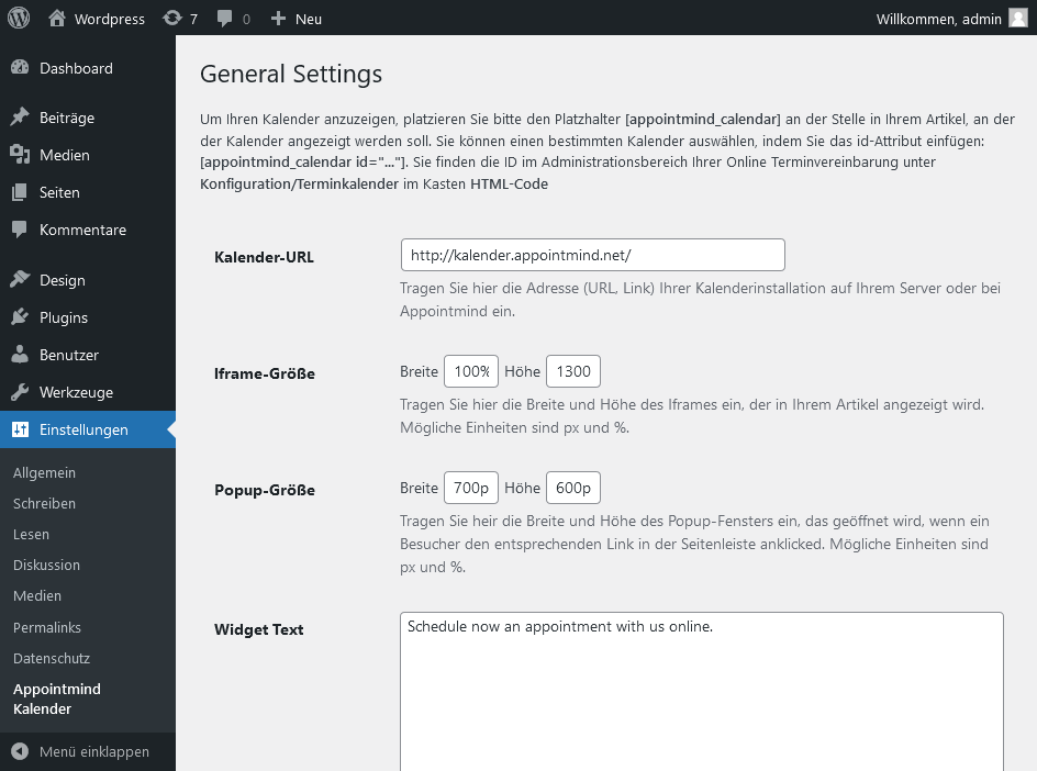 Paste the calendar URL into WordPress and save the change